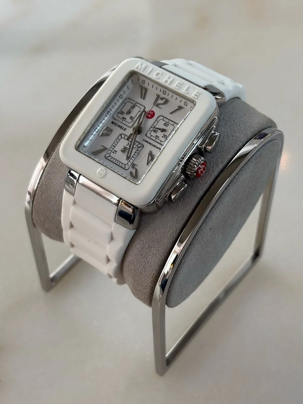 Michele White Ceramic Square Chronograph Watch with Silver Accents - Picture 2 of 6